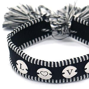 Christelijke stoffen zwart/zilverkleurige armband met RVS Munten LOVE