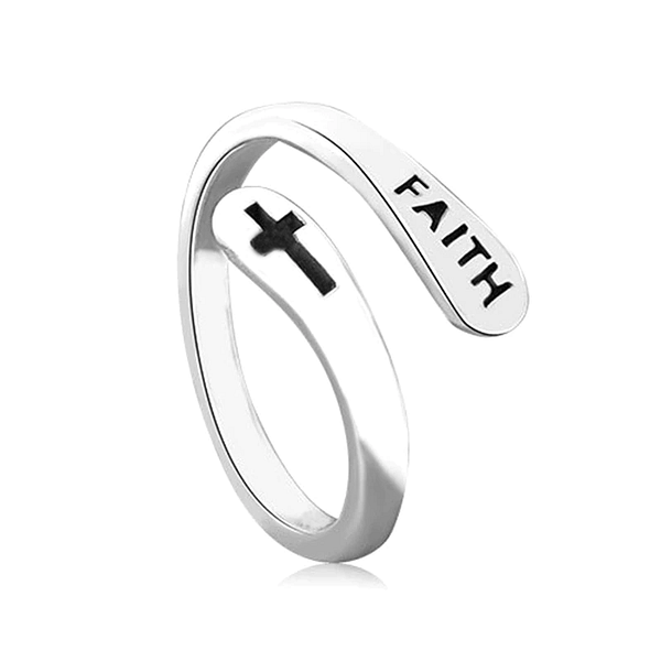 Christelijke ring in vorm van kruis met het woord Faith en een kruis